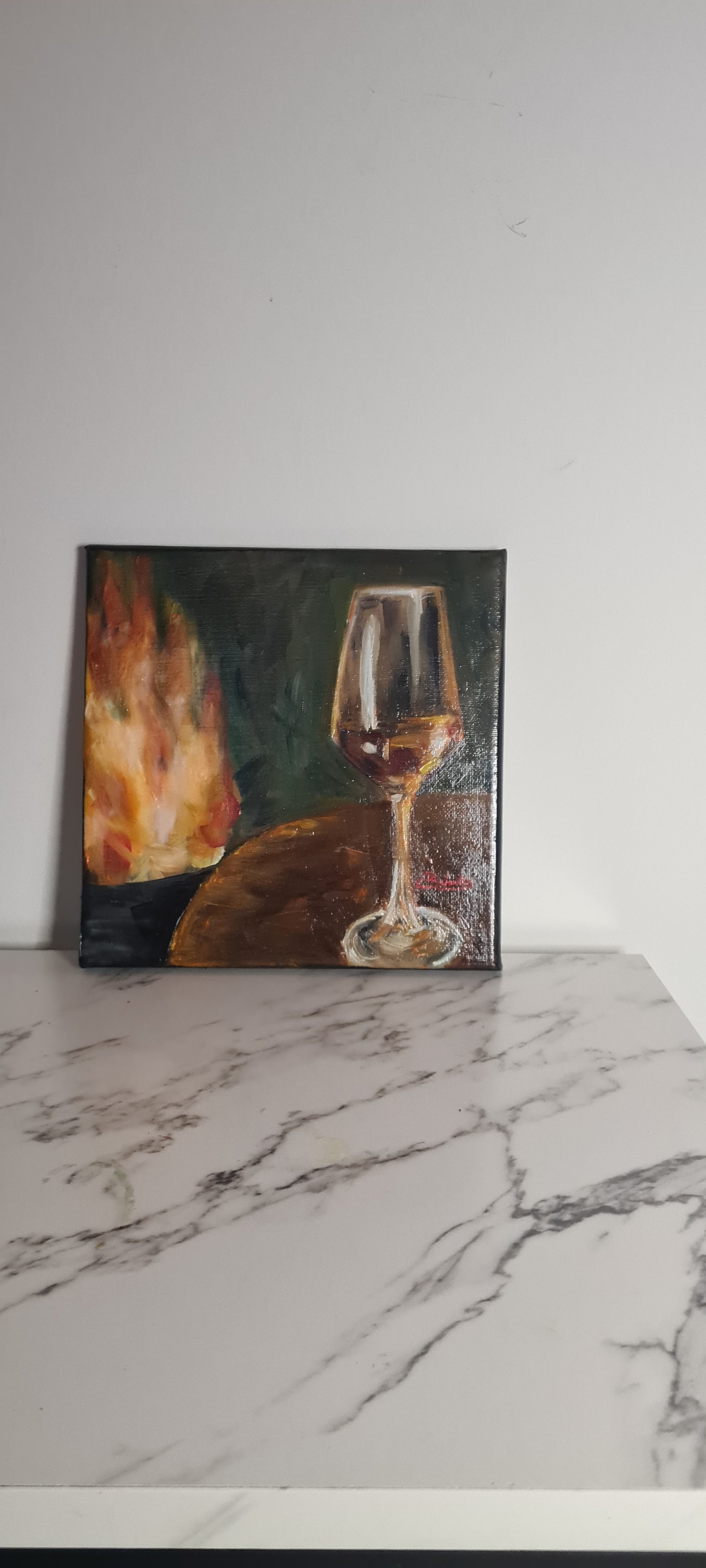 Wine by the Fire Original Oil Painting on Stretched Canvas