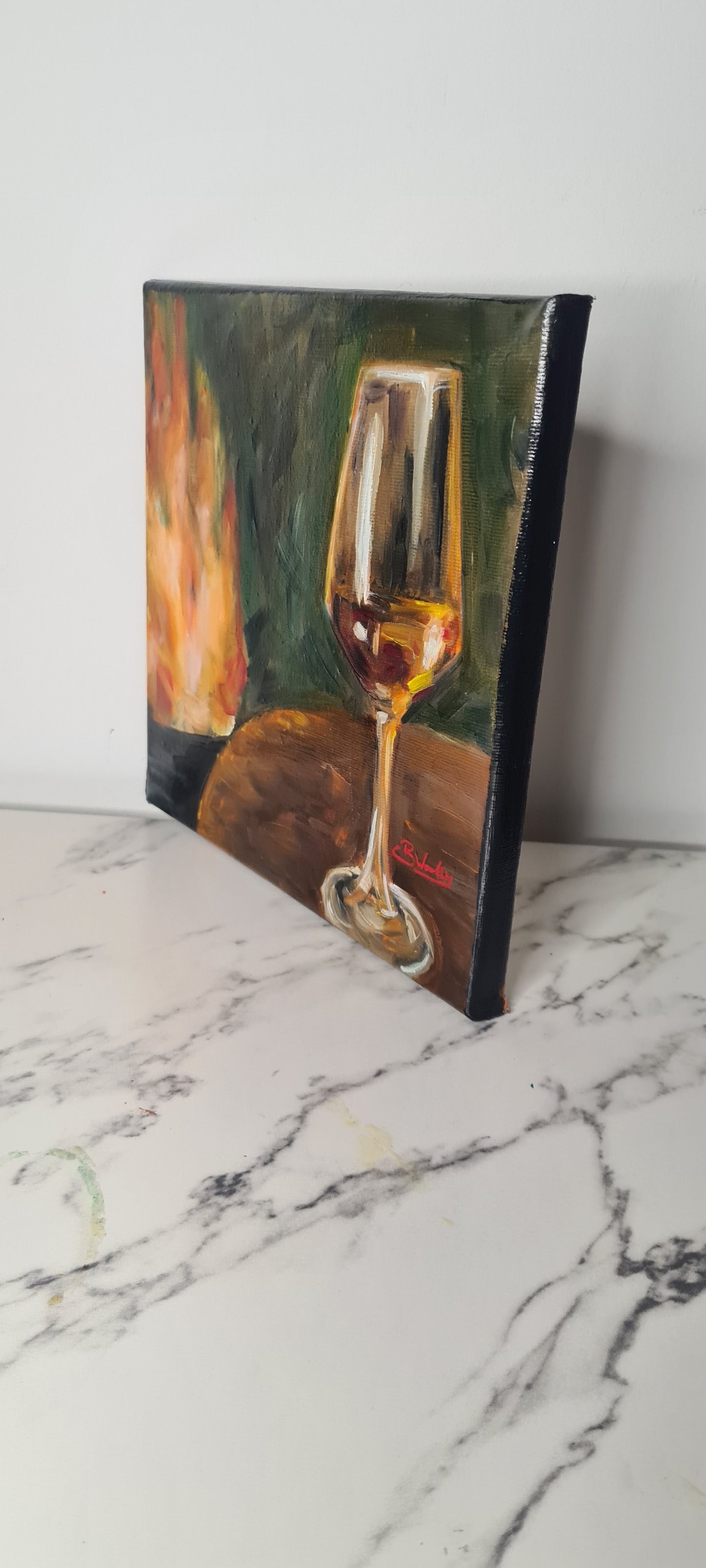 Wine by the Fire Original Oil Painting on Stretched Canvas