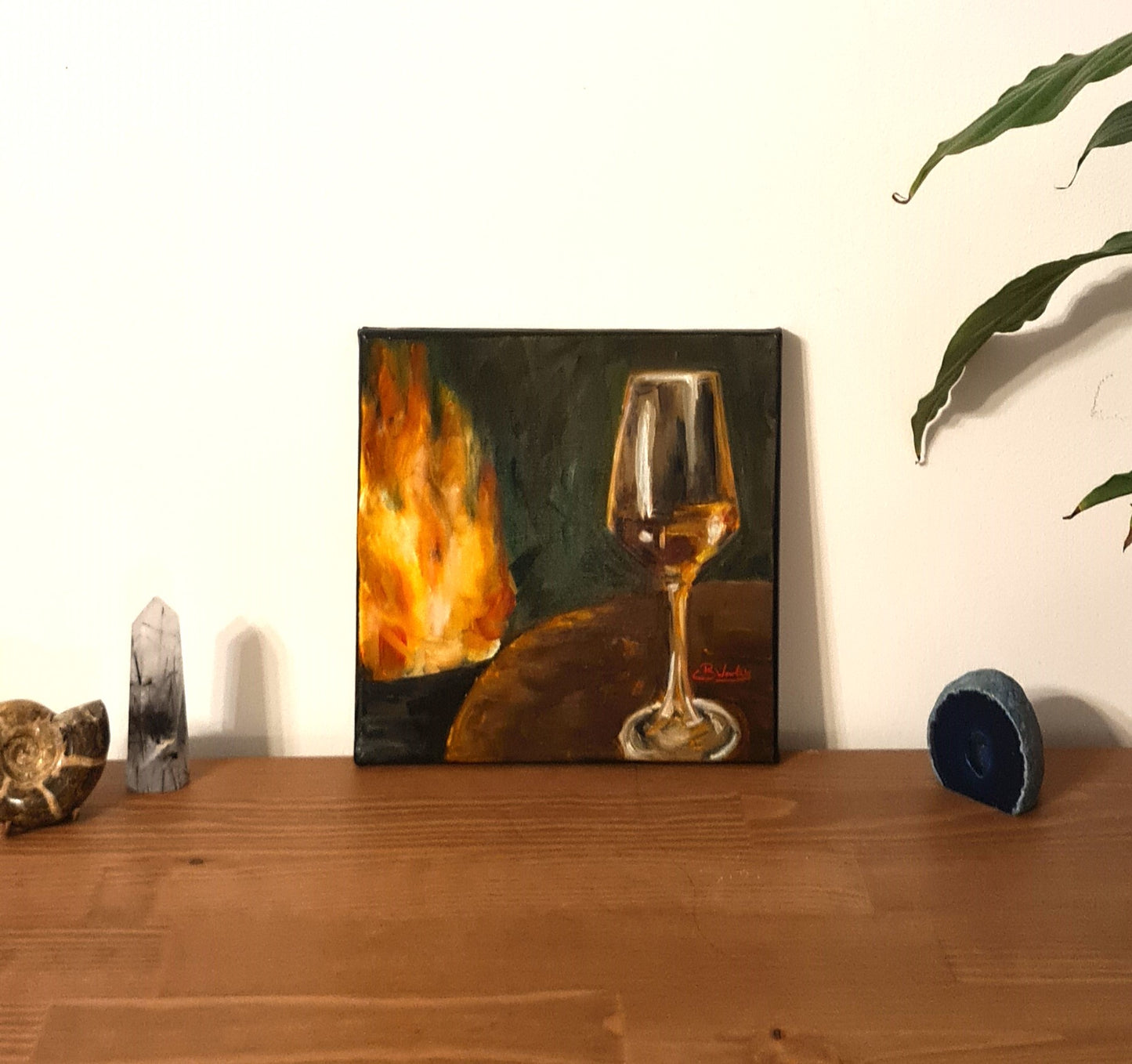 Wine by the Fire Original Oil Painting on Stretched Canvas